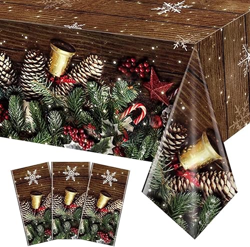 Miniatura 1 de Paquete de 6 manteles de grano de madera marrón navideño, manteles de plástico de madera con purpurina dorada con copos de nieve de Navidad, fondo