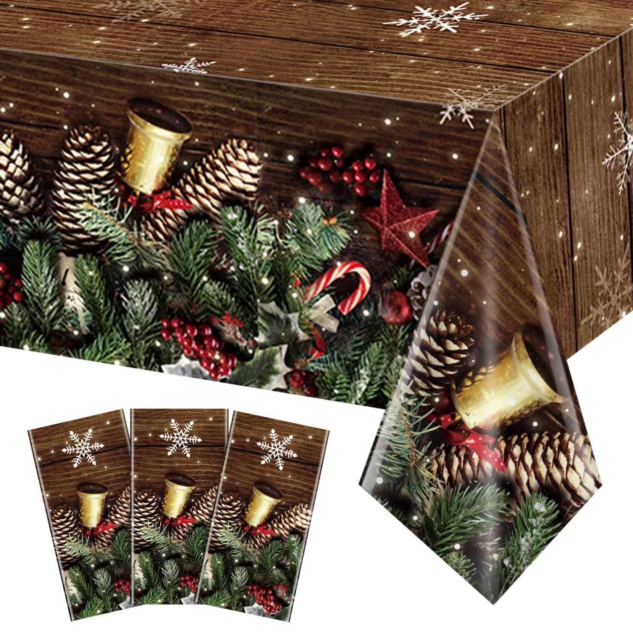3 Pack Christmas Brown Wood Grain Tablecloth, Xmas Snowflake Gold Glitter Wooden Plastic Tablecovers, Rustic Barn Vintage Wooden Floor Backdrop for Christmas Western Winter Party Decors, 54 x 108 Inch