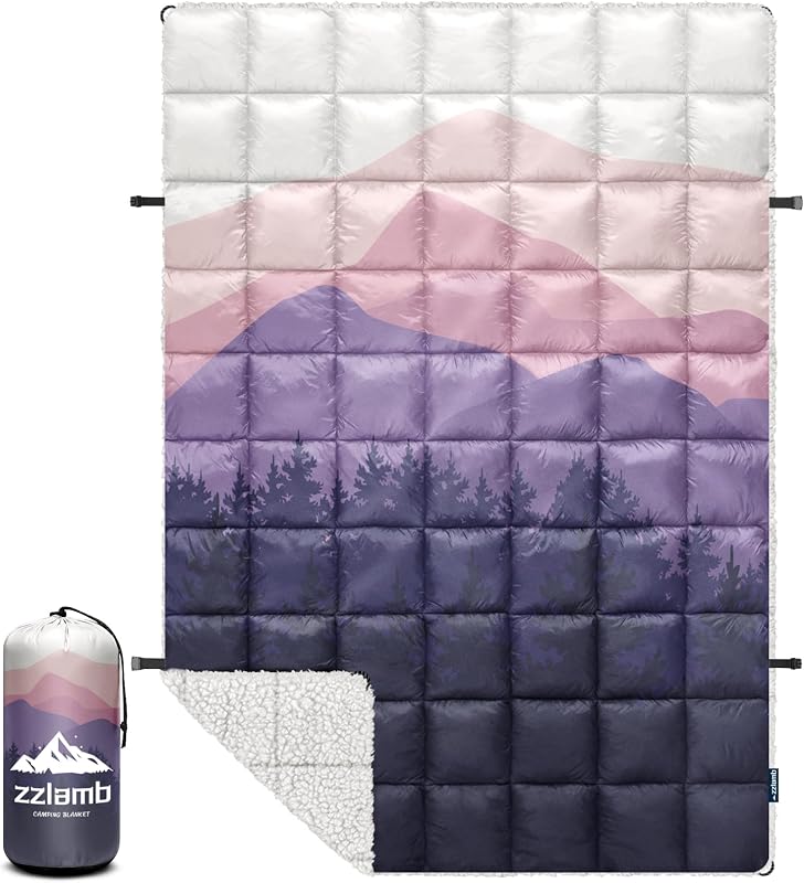 Puffy Thick Outdoor Camping Blanket with Sherpa Lining 52x75in | Warm Camp Quilt for Sleeping, Packable Wearable Fleece Blankets for Cold Weather Traveling Backpacking Picnics Beach Stadium