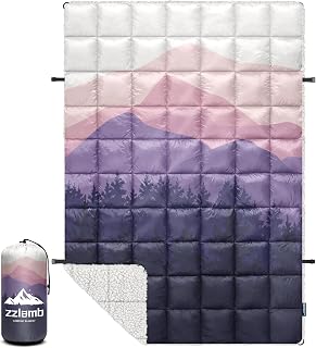 zzlamb Outdoor Camping Blanket with Sherpa Lining,Puffy Thick Camp Quilt for Sleeping,Packable Warm Wearable Fleece Blankets for Cold Weather,Traveling,Backpacking,Picnics,Beach,Stadium 52x75in