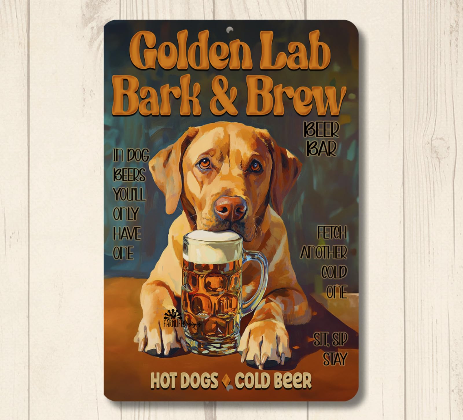Golden Lab Beer Bar Sign Bark & Brew pub labrador retriever dog funny metal tin home decor