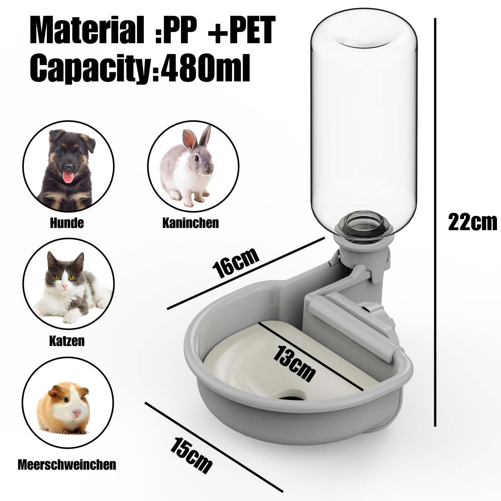 Wasserspender Hund für Käfig, 480ml trinkflasche Hunde Automatischer und Anti-Überlauf, Haustier Trinkbrunnen für Hunde Katzen und Kaninchen (Grau)