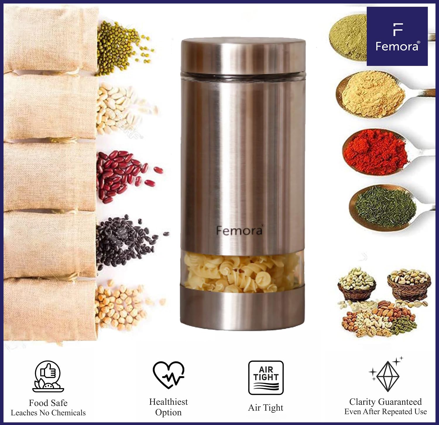 Femora Airtight Glass Jars 700ml Set of 4 | Silver Stainless Steel Lid | BPA Free & Food Grade | Rust Free | 1 Year Lid Warranty | Kitchen Storage for Snacks, Masala, Spice, Pickle, Cookies 2