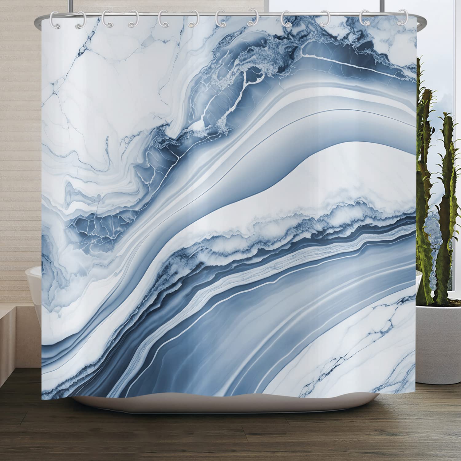 ASDCXZ Shower Curtain White Blue Marble 180x240 cm, Modern Abstract White Blue Marble Optic Texture Washable Bath Shower Curtains Polyester Textile Waterproof Shower Curtain for Bathtub with 12 Hooks โ image 1