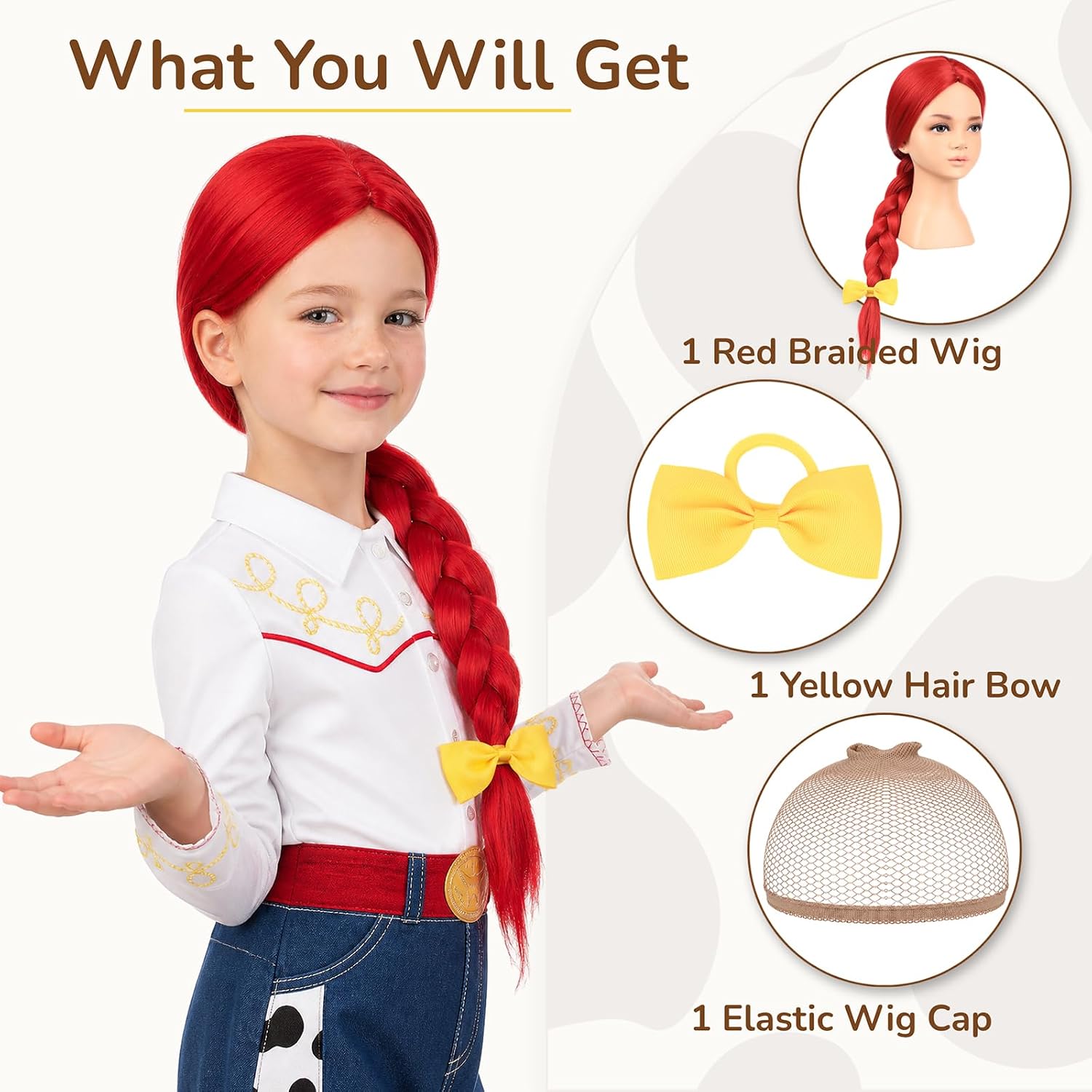 Kids Long Red Braided Wig with Hair Bow for Girls Costume Halloween Cosplay
