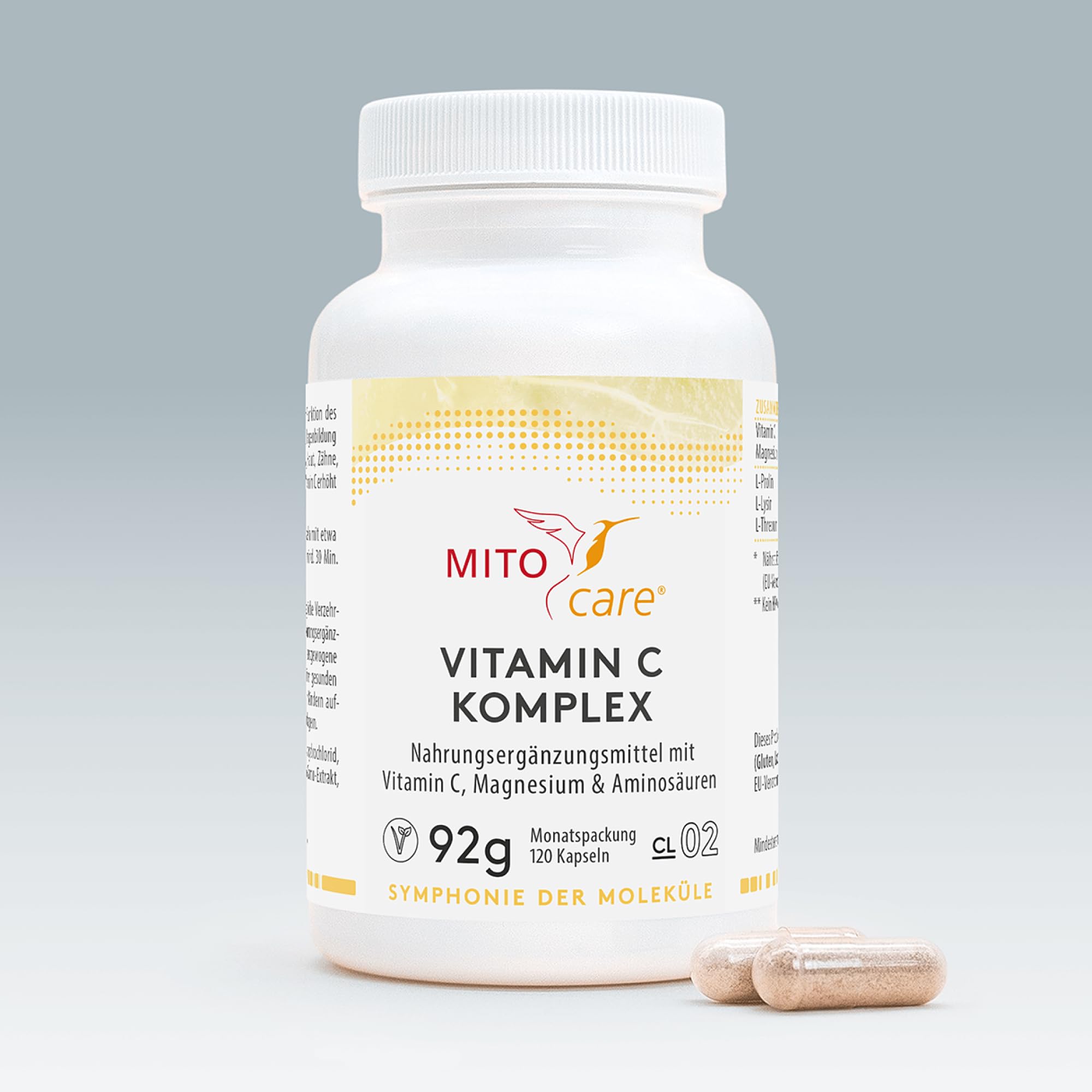 MITOcare Vitamin C Komplex - Nahrungsergänzungsmittel für ein starkes Immunsystem - Ergänzt mit Magnesium und Aminosäuren, schützt die Zellen und beugt Müdigkeit vor - Monatspackung mit 120 Kapseln