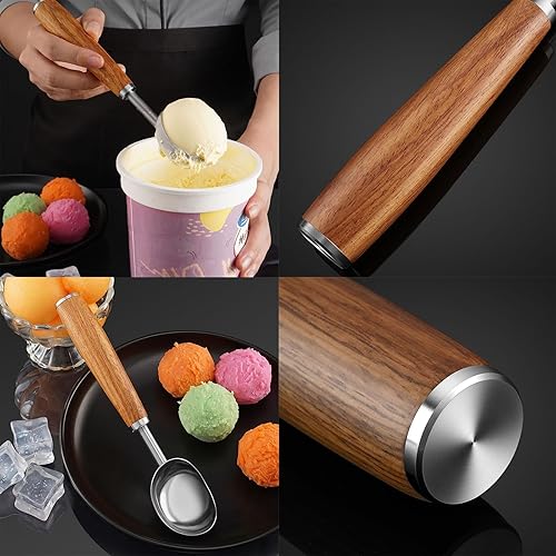 Miniatura 2 de Cuchara de helado de acero inoxidable con mango de madera, cuchara de hielo de metal para congelador, cuchara de galletas de café, accesorios de