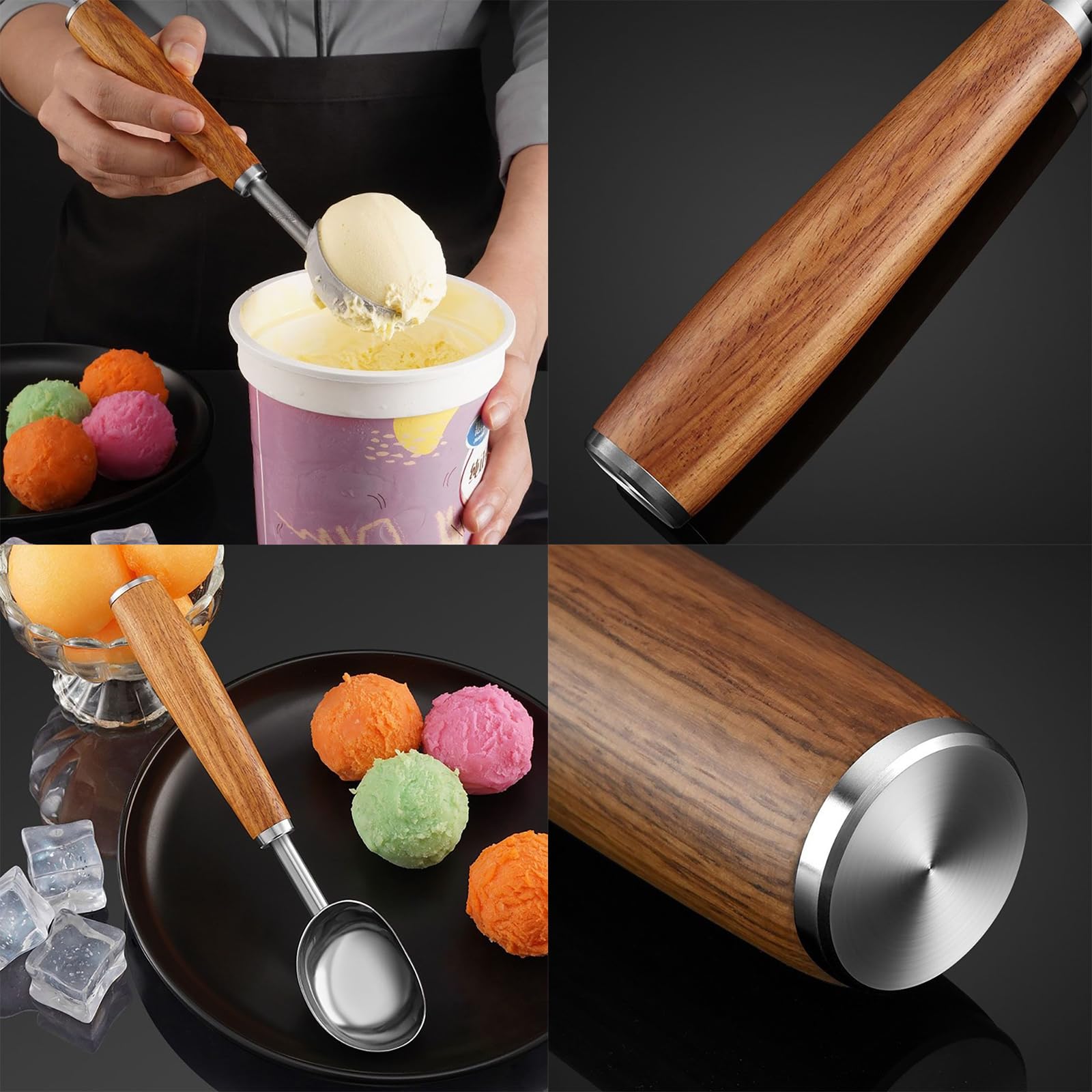 hobbyme Ice Cream Scoop Stainless Steel With Wood Handle, Metal Ice Scoop for Freezer, Fruit Food Melon Baller Coffee Cookie Scoop, Ice Cream Scoop Bar Accessories