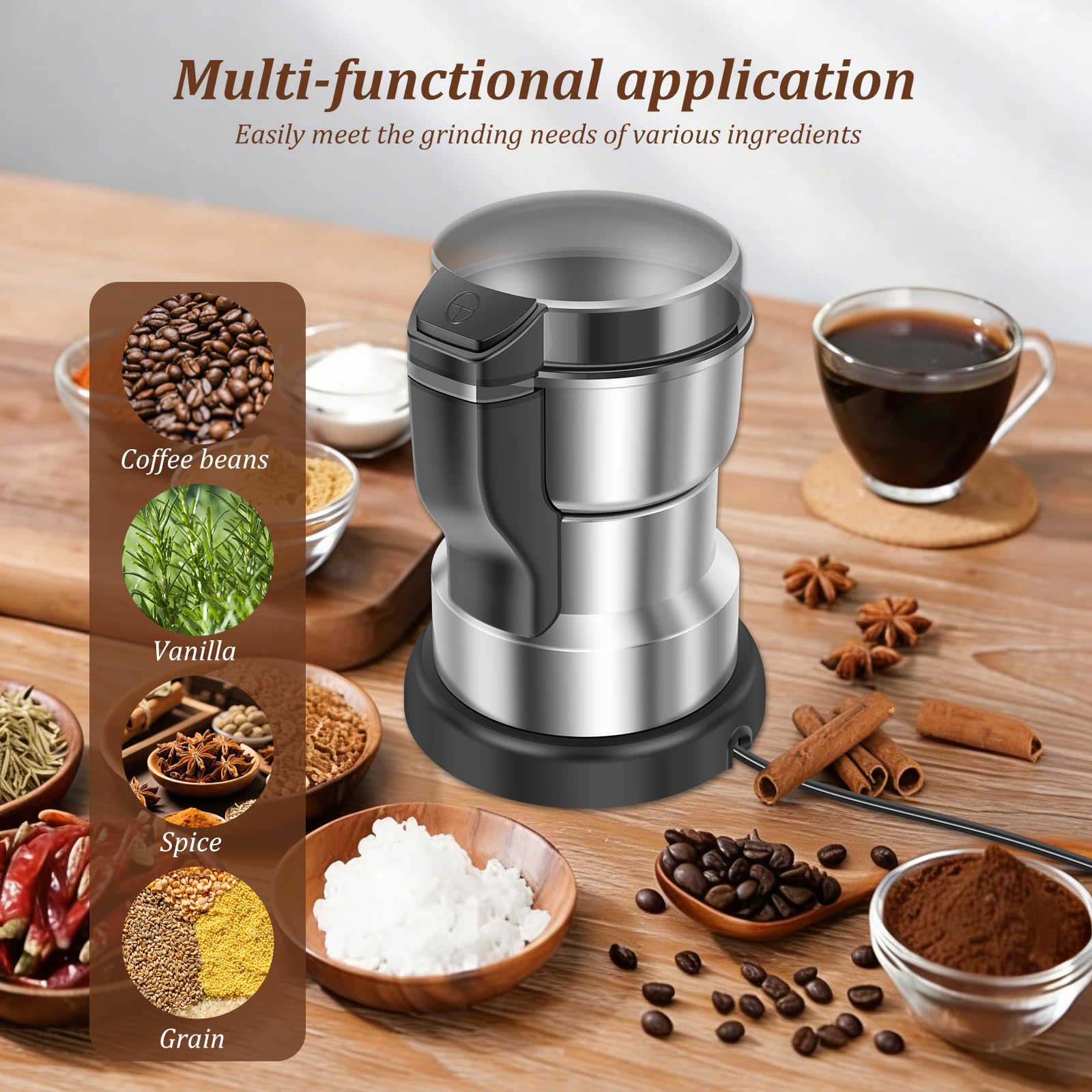 Macinacaffè elettrico 300W macinacaffè One Press con lame in acciaio inox coperchio trasparente portatile per fagioli spezie, erbe