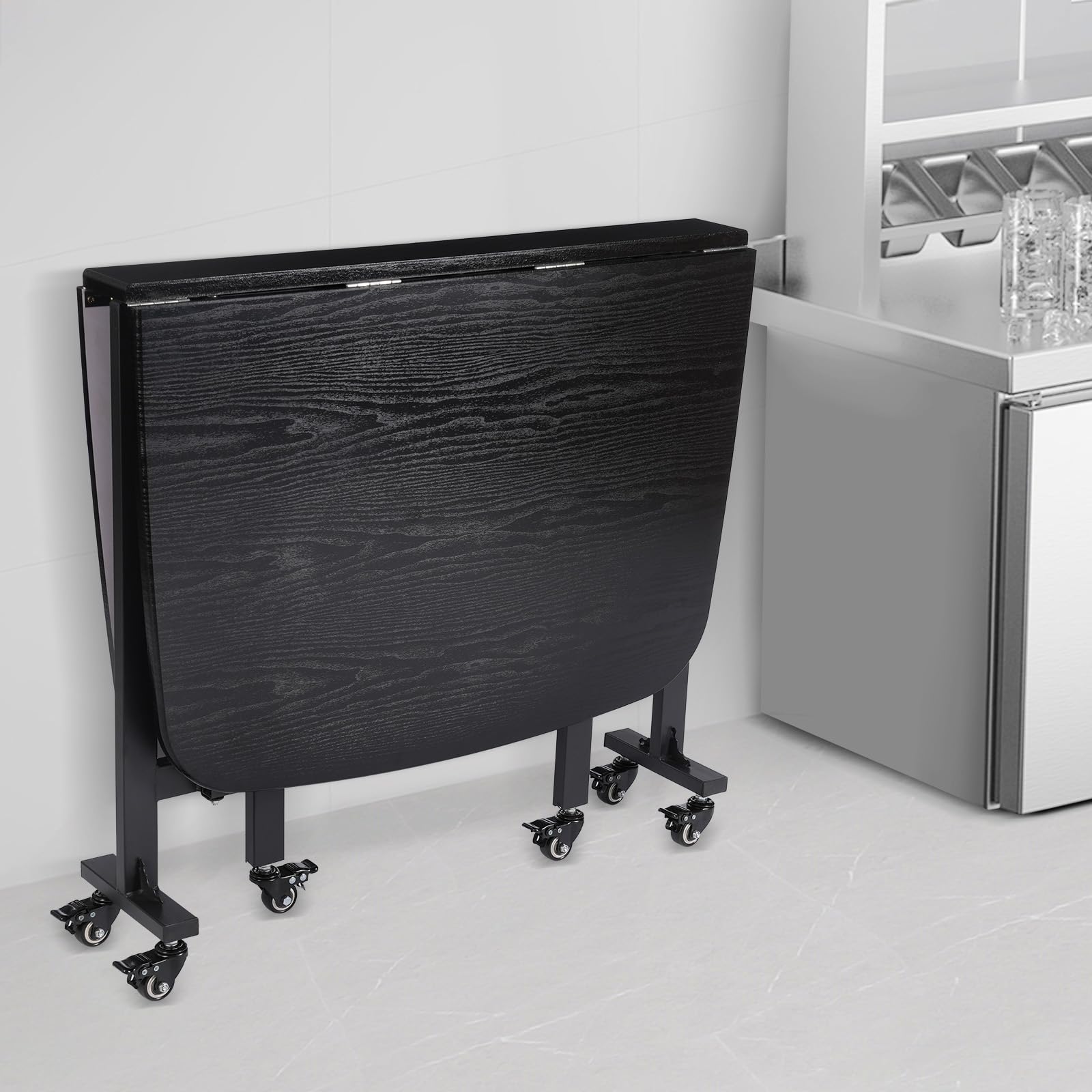 Tavolo da pranzo pieghevole portatile, design con bordi rotondi, piccole stanze, sala da pranzo, cucina, dimensioni pieghevoli 80 x 55 x 10 cm (nero)