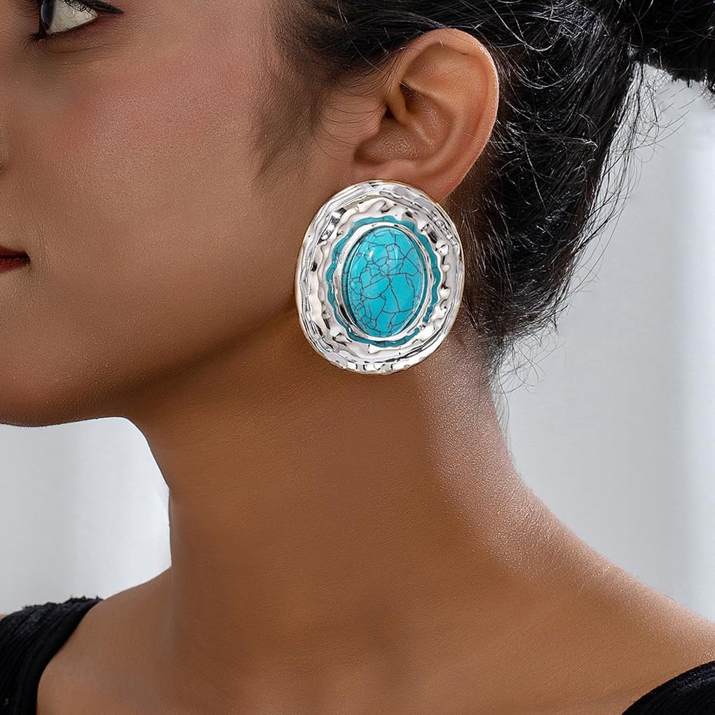 Silver Western Turquoise Statement Earrings for Women,Large Oval Gold Turquoise Dangle Drop Earrings,Vintage Cowboy Cowgirl Jewelry - Image 2
