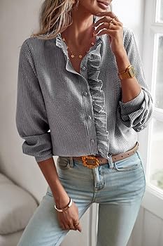Amazon.com: ELFTOWN Women's Ruffle Trim Button Up Long Sleeve