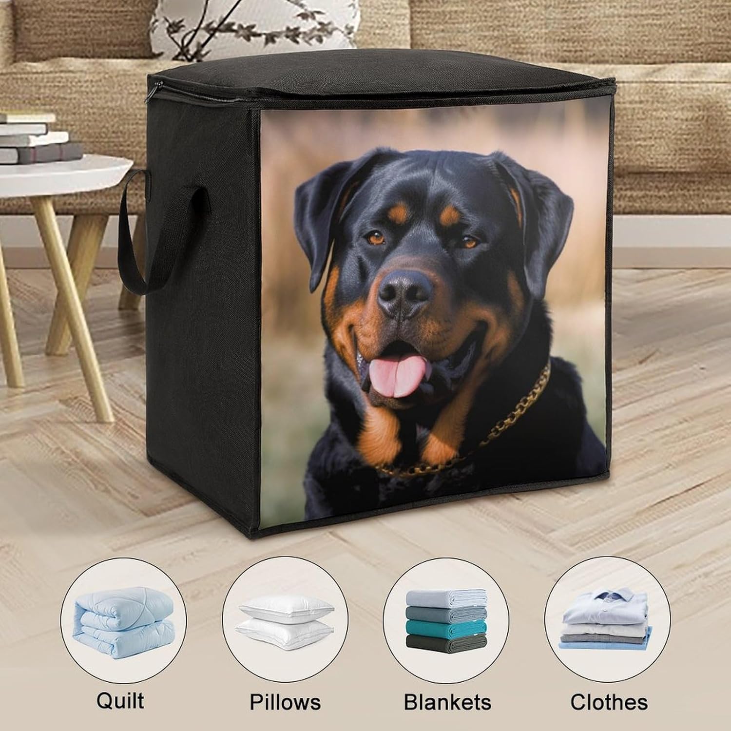 Quilt Storage Bag,Rottweiler Dog Printed Large Foldable Storage Container Portable Travel Storage Bag for Blankets, Quilts, Clothes, Comforter, Bedding And Pillows