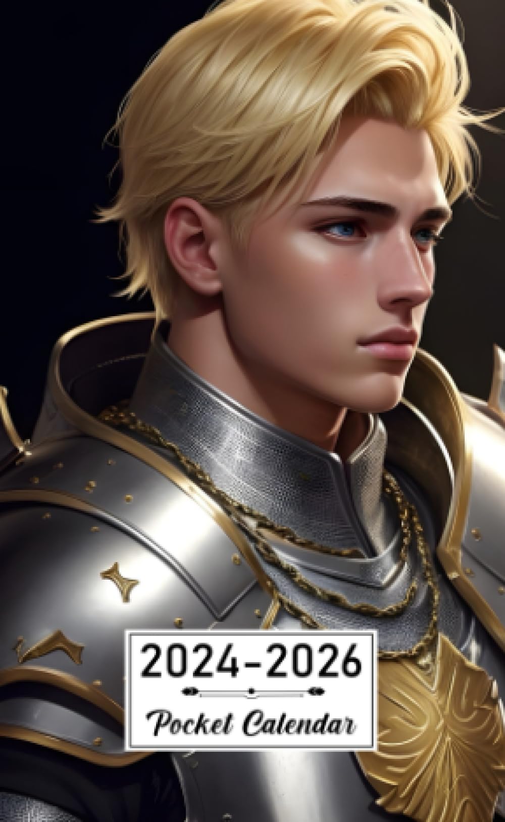 Pocket Calendar 2024-2026: Two-Year Monthly Planner for Purse , 36 Months from January 2024 to December 2026 | Boy barbarian armor | Blonde hair | ... | Long sword | Spotlight | Hyper realistic