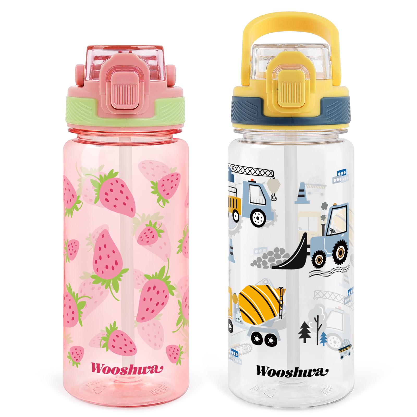 omedecal 2Pcs Kids Water Bottles, 600ml BPA Free Water Bottle with Straw and Handle, Childrens Sports Drinks Bottle, Personalised Cup for Boys Girls, School (Excavator+Strawberry)