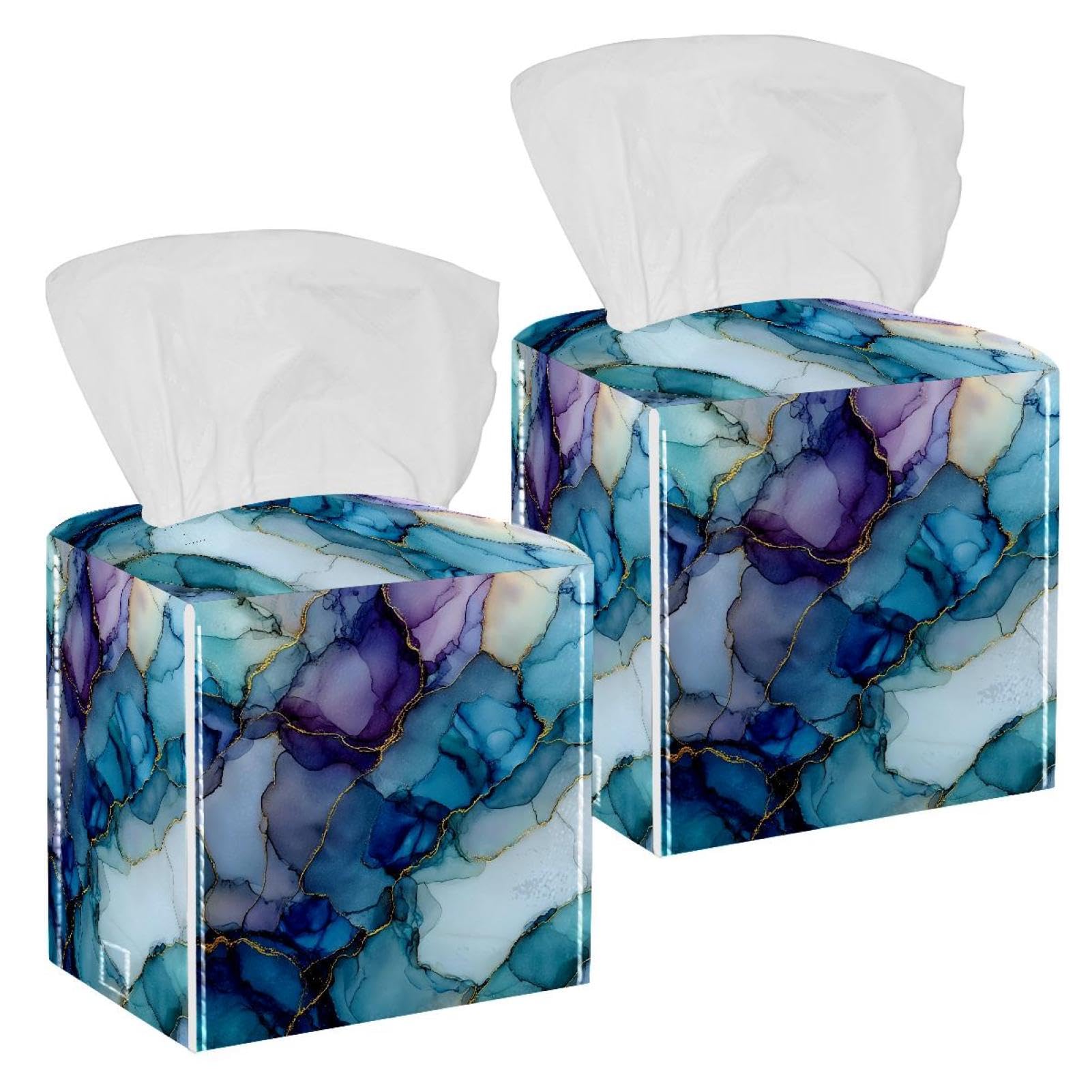 Marble Texture Tissue Box Cover, 2 Pack PU Leather Square Facial Tissue Dispenser Box holder for Home Office Car
