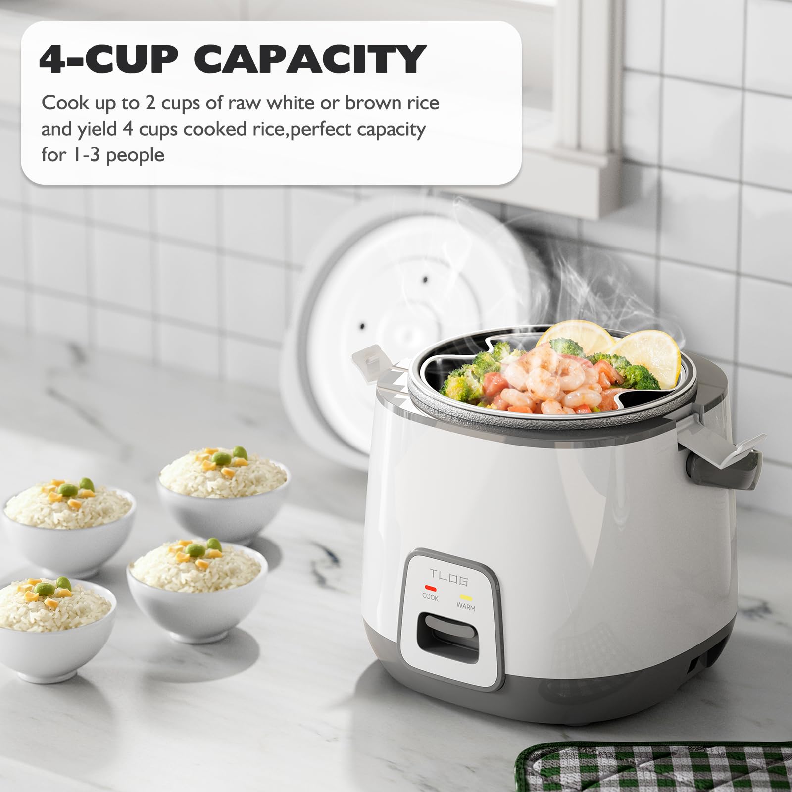 TLOG Mini Rice Cooker 2-Cup Uncooked(4-Cup cooked), Healthy Non-stick Coating 1.2L Small Rice Maker for 1-3 People, Portable Travel Fast Cooker with Steam Tray, Rice Maker for Grains, White Rice, Oatmeal, Veggies