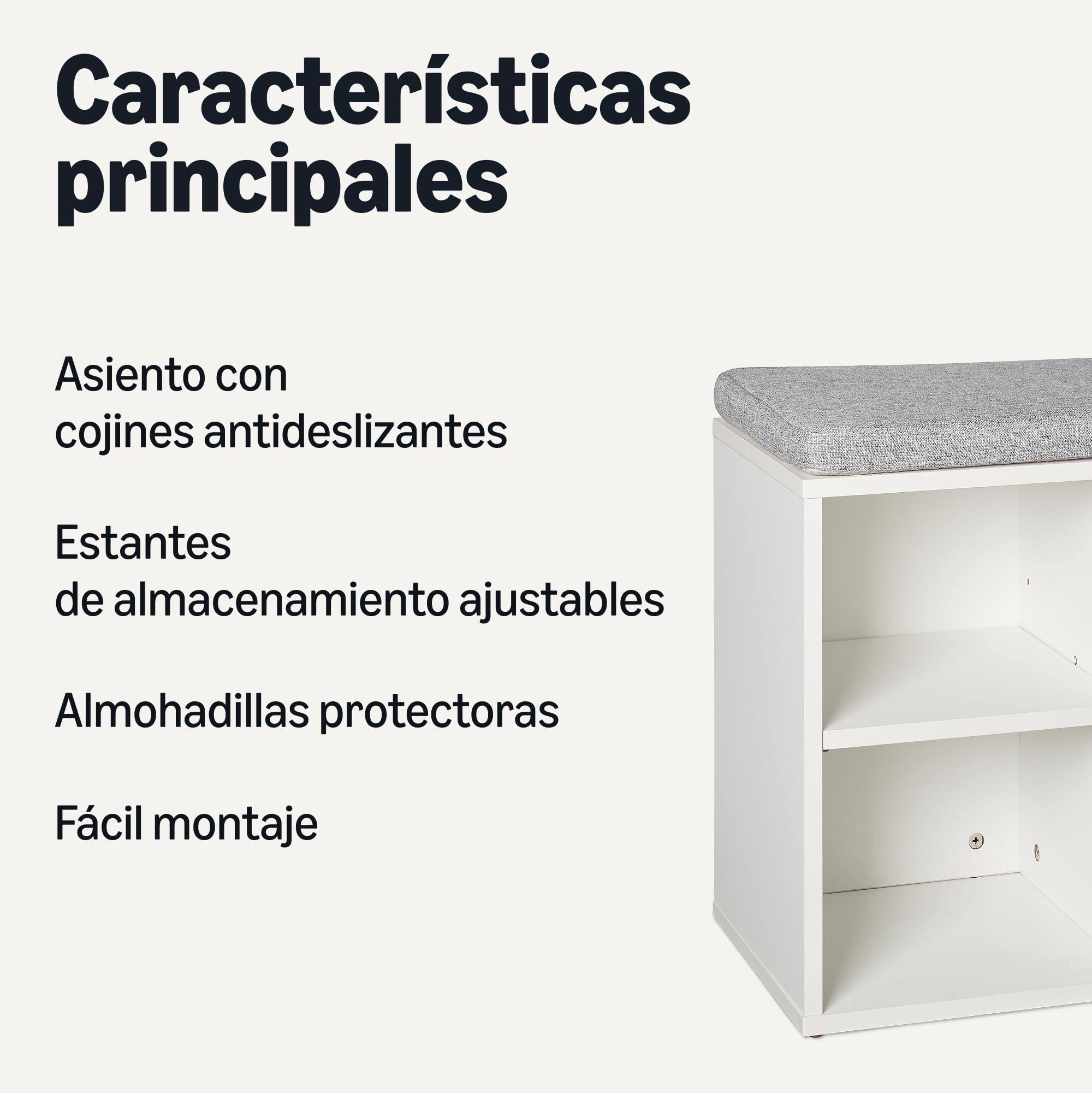 Amazon Basics Banco para Guardar Zapatos con Cojín, Zapatero con 6 Compartimentos, Estantes Ajustables, para la Entrada, 87 x 30 x 48cm, Blanco