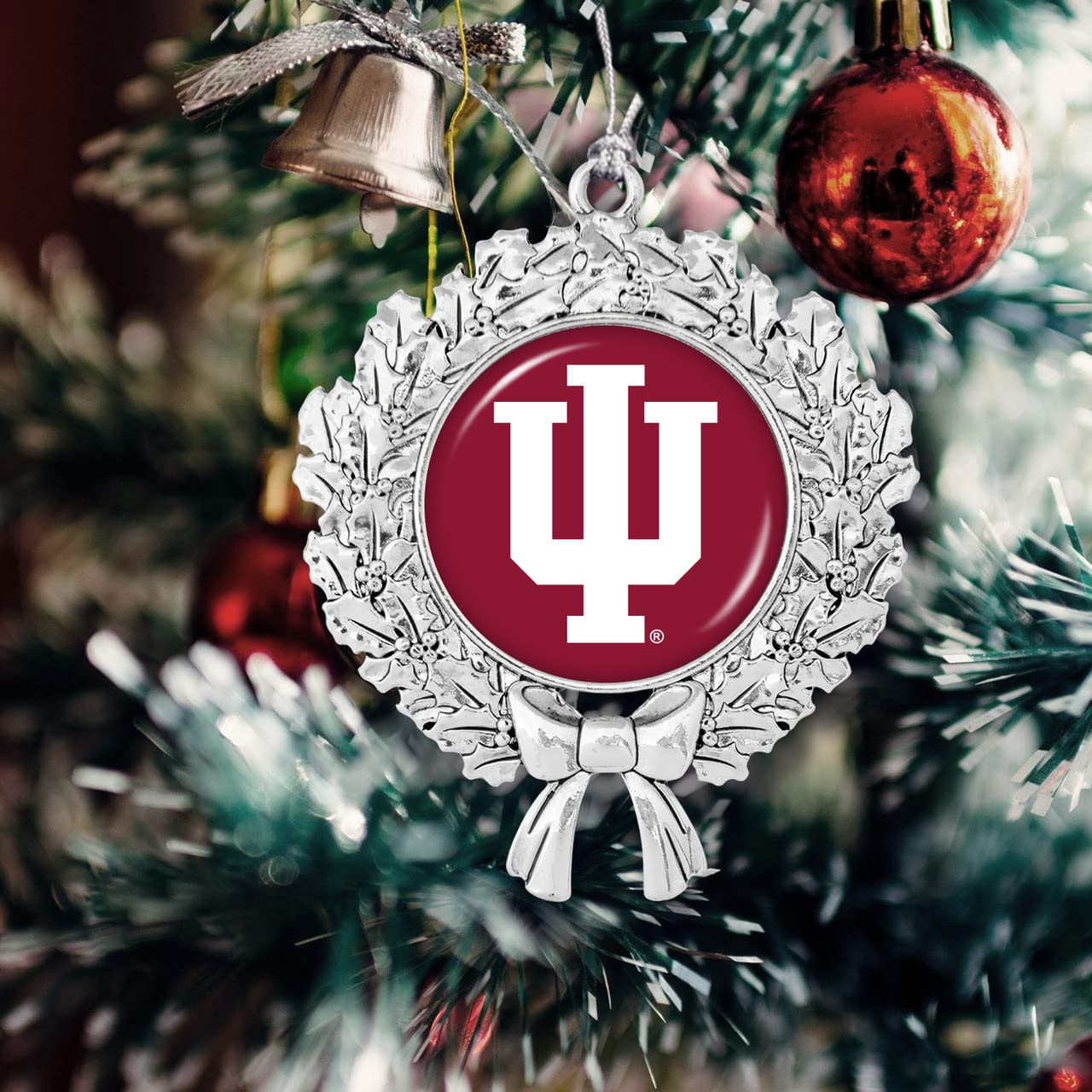 From the Heart Enterprises Indiana Hoosiers Wreath with Team Logo Silver Metal Christmas Ornament Gift Tree Decoration IU