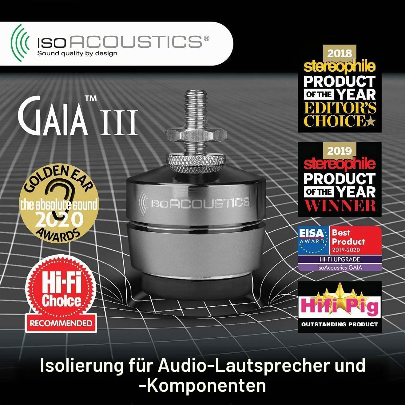 IsoAcoustics Gaia-Serie mit Isolatoren für Lautsprecher und Subwoofer Gaia III, 32 kg max. – 4 Stück
