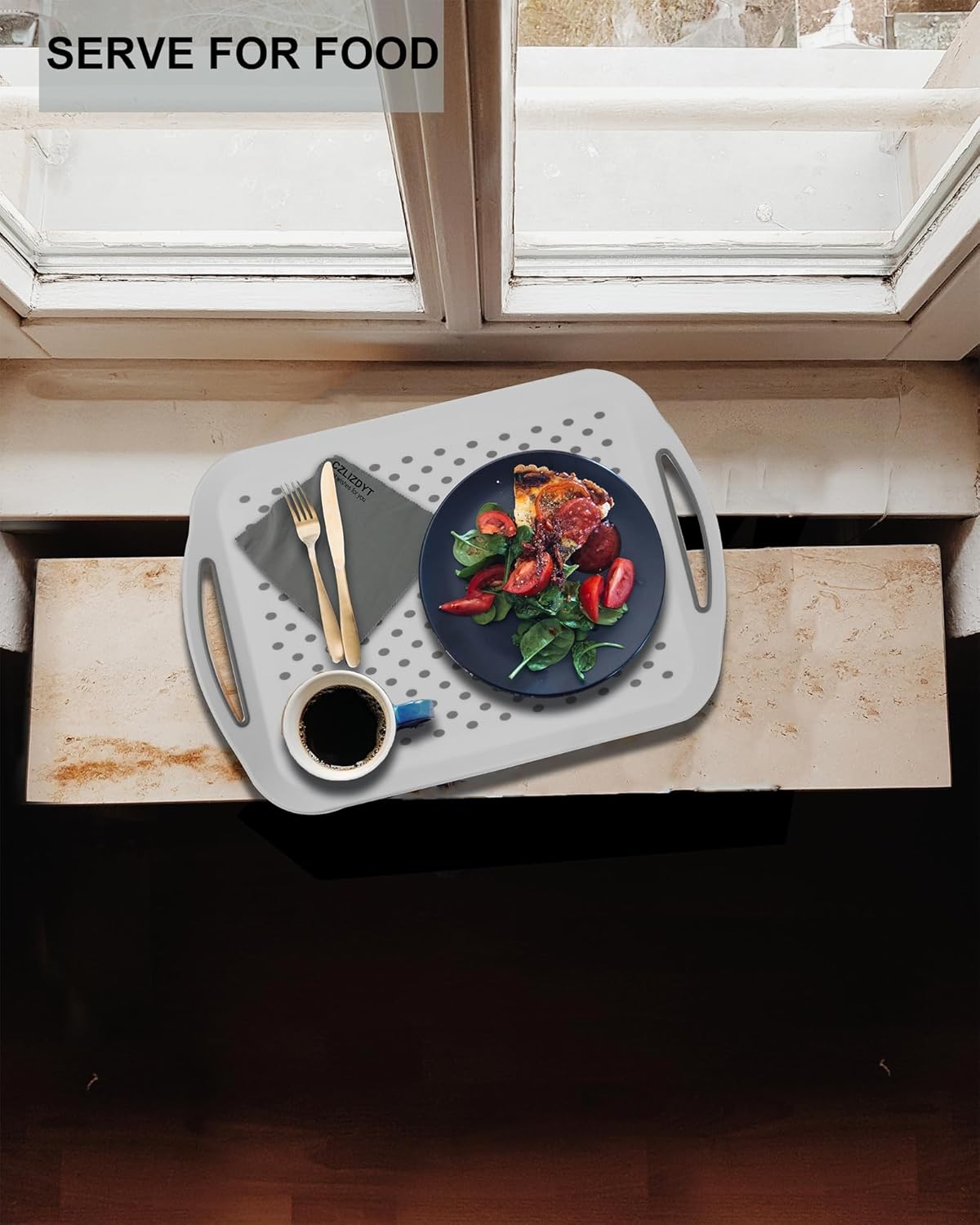 Large Nonslip Serving Tray with Handles, Silicone Grippy Dots Lap Food Trays for Eating, Dishwasher Safe Serve for Breakfast Dinner Snack Fruit Appetizers Beverage, Rectangular, Set of 2, White