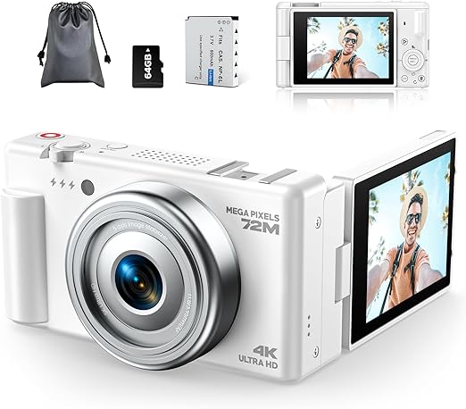4K Digital Camera for Photography, 72MP Vlogging Camera for YouTube, Autofocus Digital Cameras with 270° Flip Screen, 18X Digital Zoom Point and Shoot Cameras with 64GB TF Card & Battery, Carry Bag