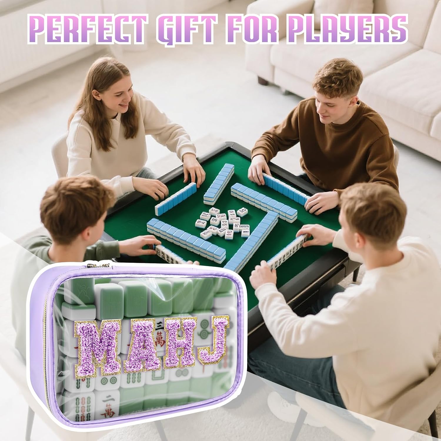 Empty American Mahjong Tile Bag, Clear Letter Embroidery Mahjong Case, Zippered Storage Tile Holder Rack Bag for Mahjongs Lovers Travel Gift, Case Only (Purple)