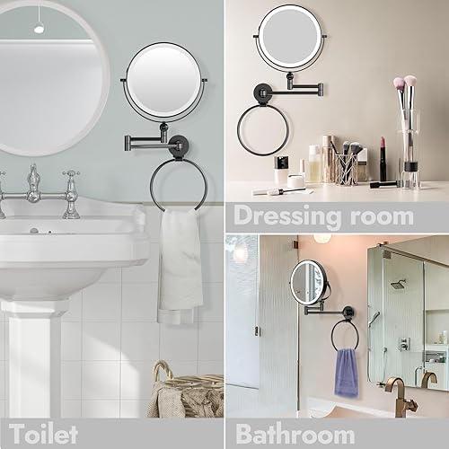 Miniatura 5 de Espejo de maquillaje montado en la pared ajustable en altura con anillo de toalla, espejo de tocador LED recargable de doble cara con aumento 1X10X