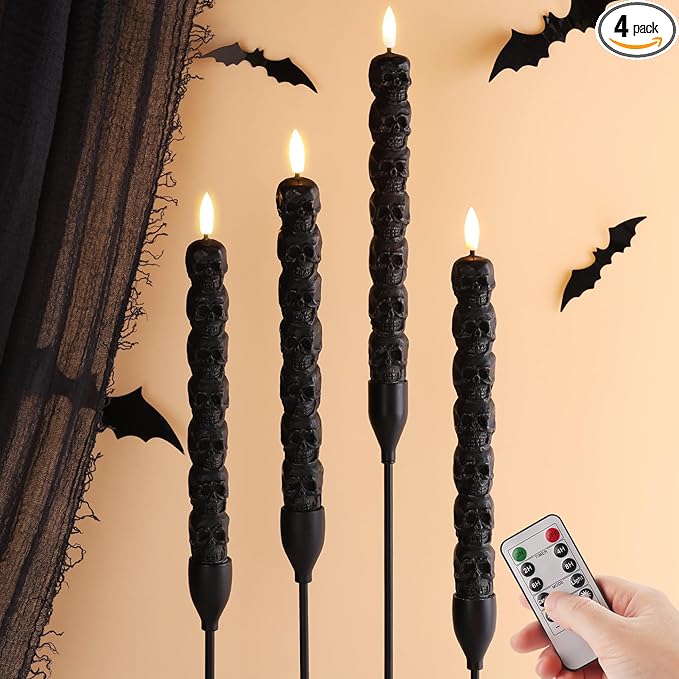 Eywamage Halloween Flameless Taper Candles with Remote, Spooky Black Skull LED Candlesticks Battery Operated Flickering Real Wax Set of 4
