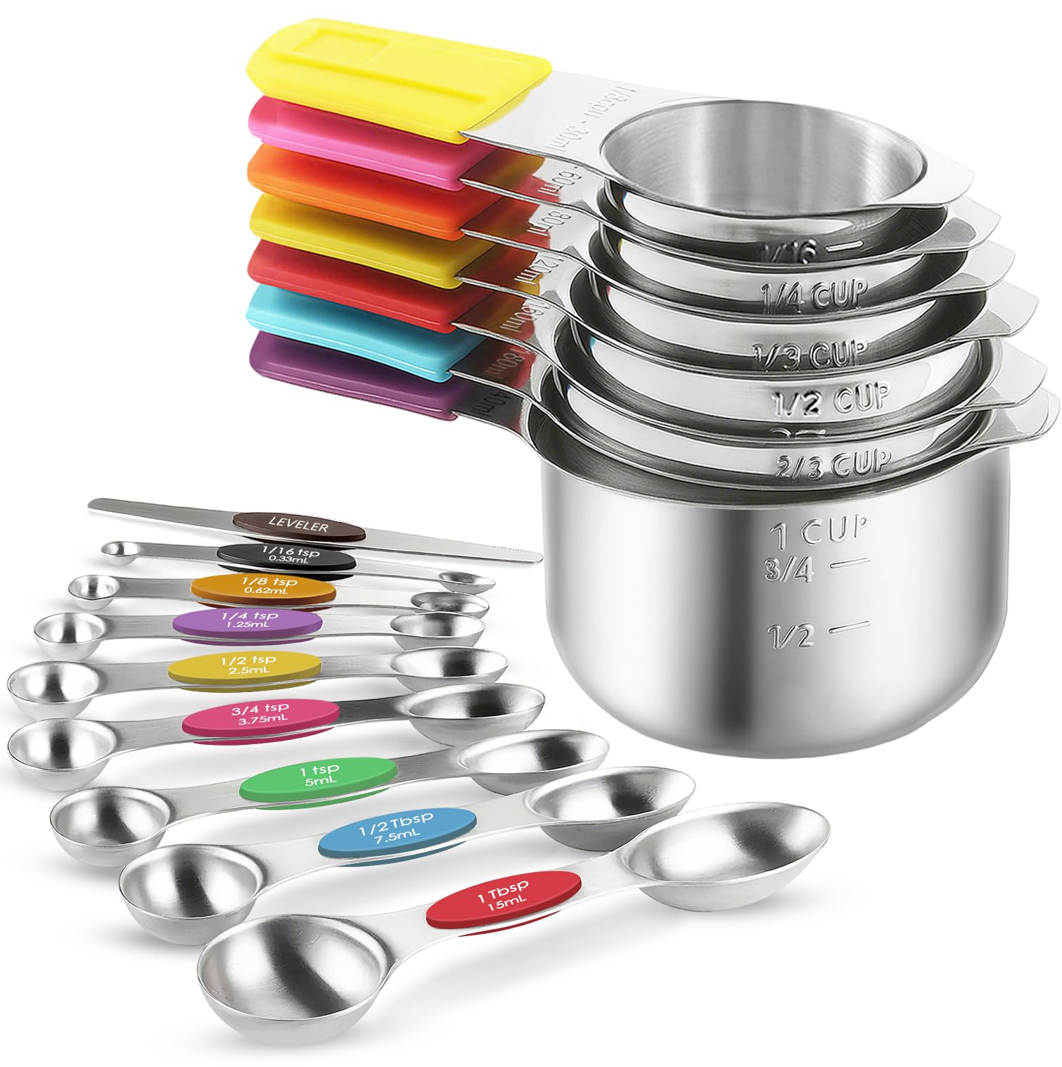 Photo 1 of 16 Pcs Magnetic Measuring Cups and Spoons Set - 304 Stainless Steel with Double-Sided Measurement Markings, Stackable Design, N52 Strongest Magnets & Leveler for Dry/Liquid Ingredients