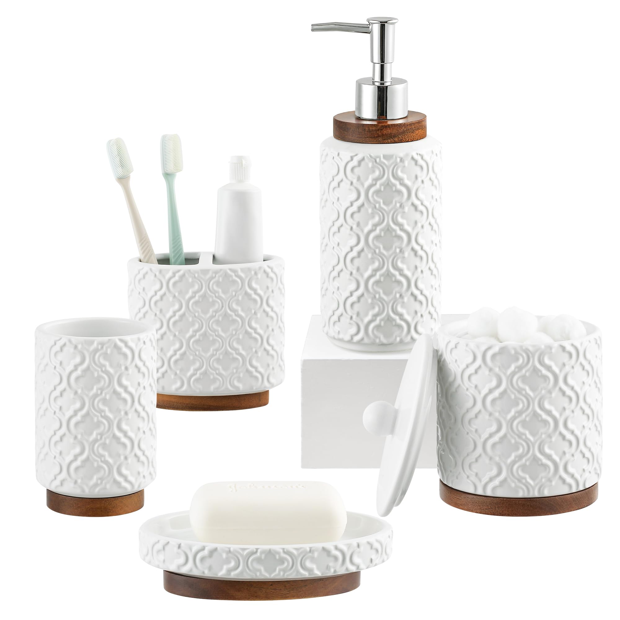Bathroom Accessories Set 5 Pieces Toothbrush Holder Soap Dispenser Ceramic Bathroom Accessory Set Contain Cotton Swab Jar Toothbrush Cup Soap Dish Tumbler