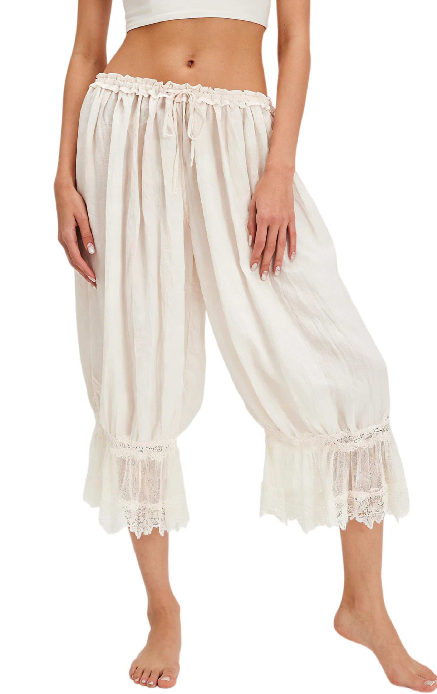 Women Ruffle Long Bloomer Y2k Lace Trim Pettipants Pantaloons Mid Rise Cropped Pajama Pants Under Dress Slips-image-33