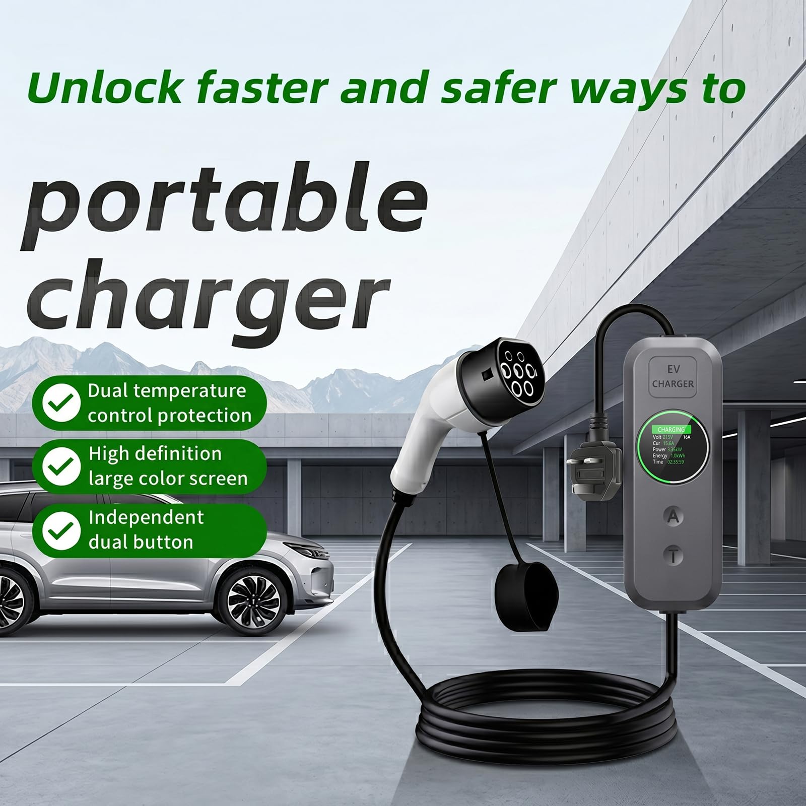 EV Charger Cable Type 2 to 3 Pin Plug, 5M 3.5kW Electric Car Charger, 8/10/13/15/16A Adjustable Type 2 Charging Cable, EV Charger with LED Indicator, Ev Charging Cable for EV & PHEV - 3