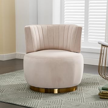 Velvet Swivel Barrel Chair, Upholstered 360-Degree Swivel Accent Armchair, Modern Comfy Round Leisure Sofa Chair for Small Living Room, Bedroom, Nursery Room, Lounge, Office, Beige with Striped Back