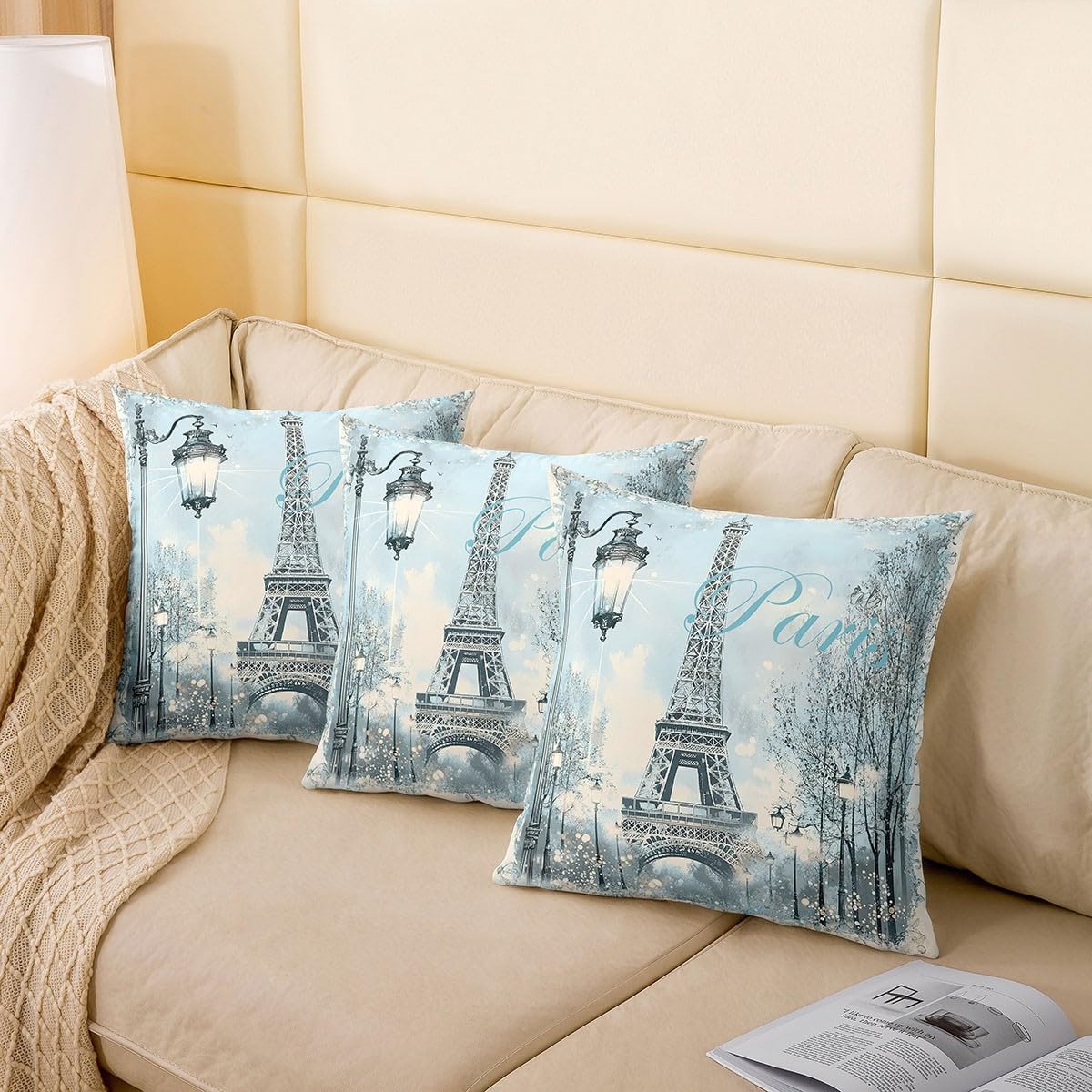 Manfei Romantic Paris Streets Pillow Covers,Fashion Eiffel Tower Cushion Covers 22"x22"Dreamy French Style Square Cushion Cases Set for Bedroom Office,Farmhouse Style Pillowcases for Kids Adults image 4
