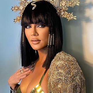 Black Bob Wig with Bangs for Women Short Straight bob Wigs with Golden Sequin Heat Resistant Synthetic Hair Bob Cut Wig Halloweeen Cosplay Costume Wig - Buy now