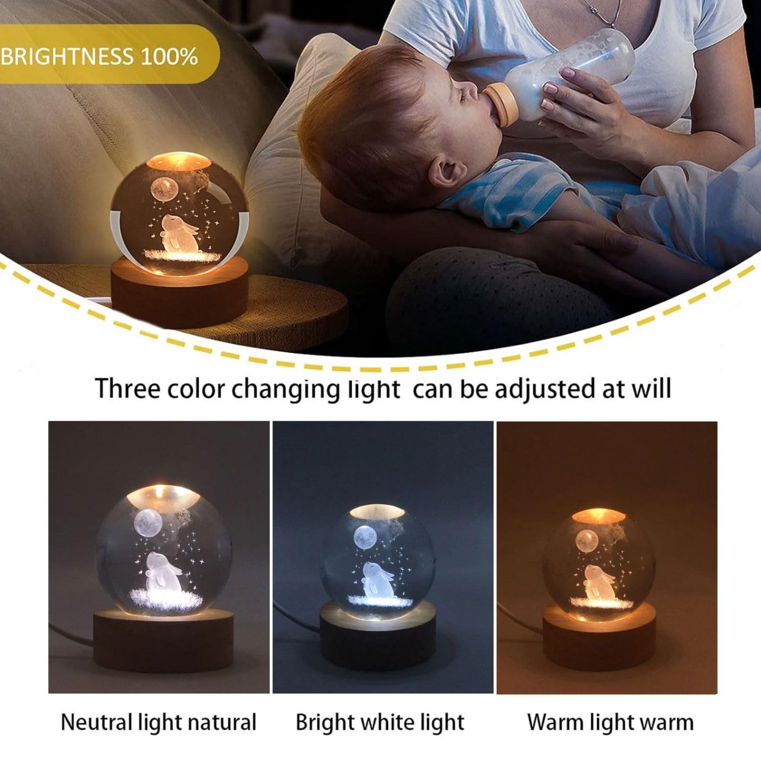 Crystal 3D Sculpted Rabbit Decorative Crystal Ball Night Light, 6cm Tri-color LED Glass Ball USB Night Light with Wooden Base - Image 2