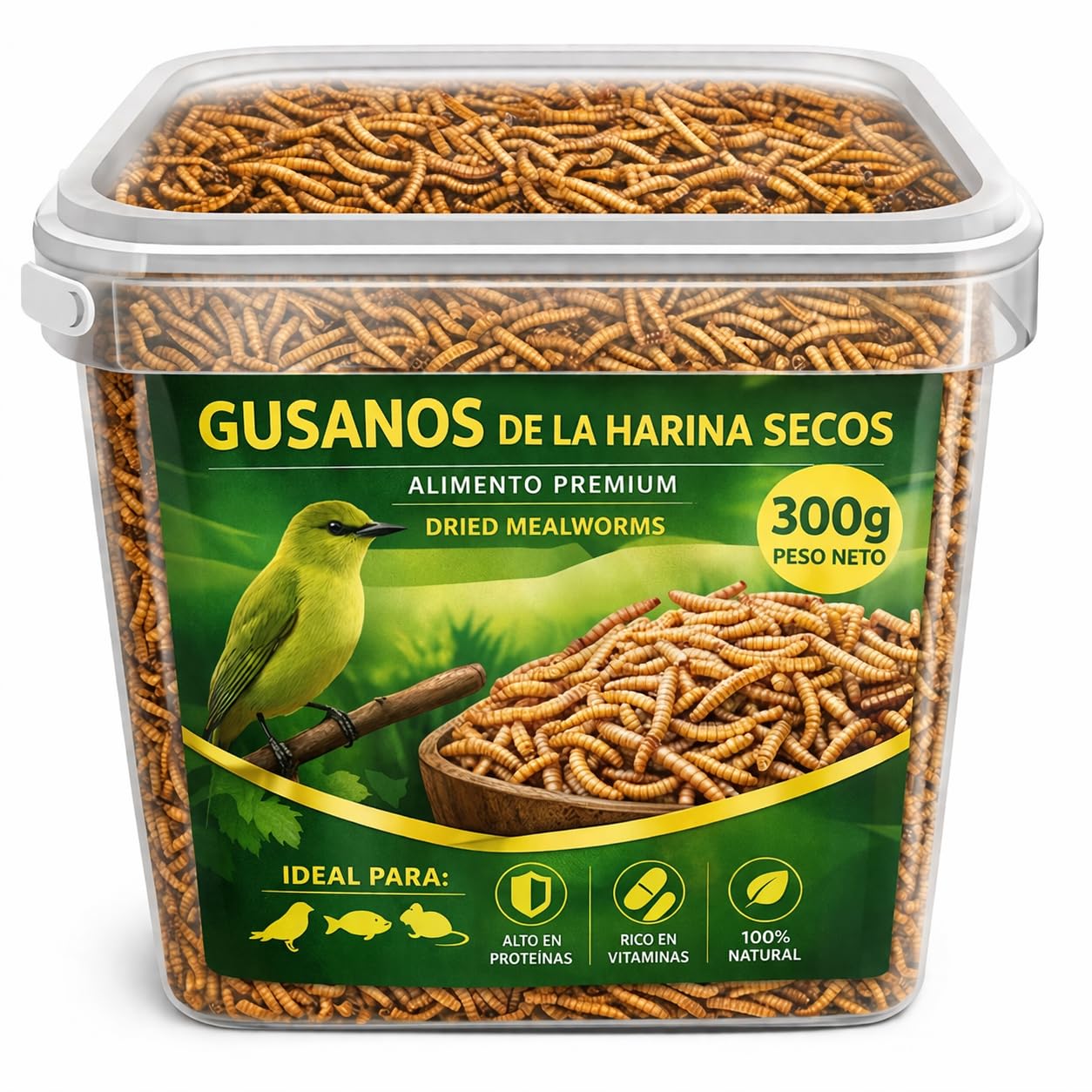 AF® Gusanos de la Harina Deshidratados 300g, 2,5L Tenebrios Molitor Natural para Reptiles, Erizos y Gusanos para Pájaros, Snack Alto en Proteína 52%, Comida para Vencejos 100% Natural