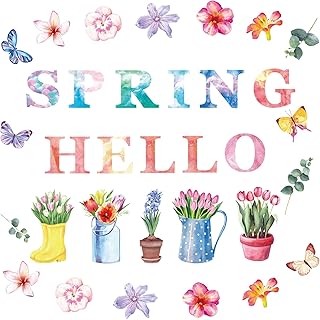 68 Pcs Hello Spring Cut Outs with 100 Pcs Glue Points Spring Floral Cut Outs Spring Bulletin Board Set Flower Plants Spring Cutouts Bulletin Board Decorations for Classroom School Game (Cute Style)