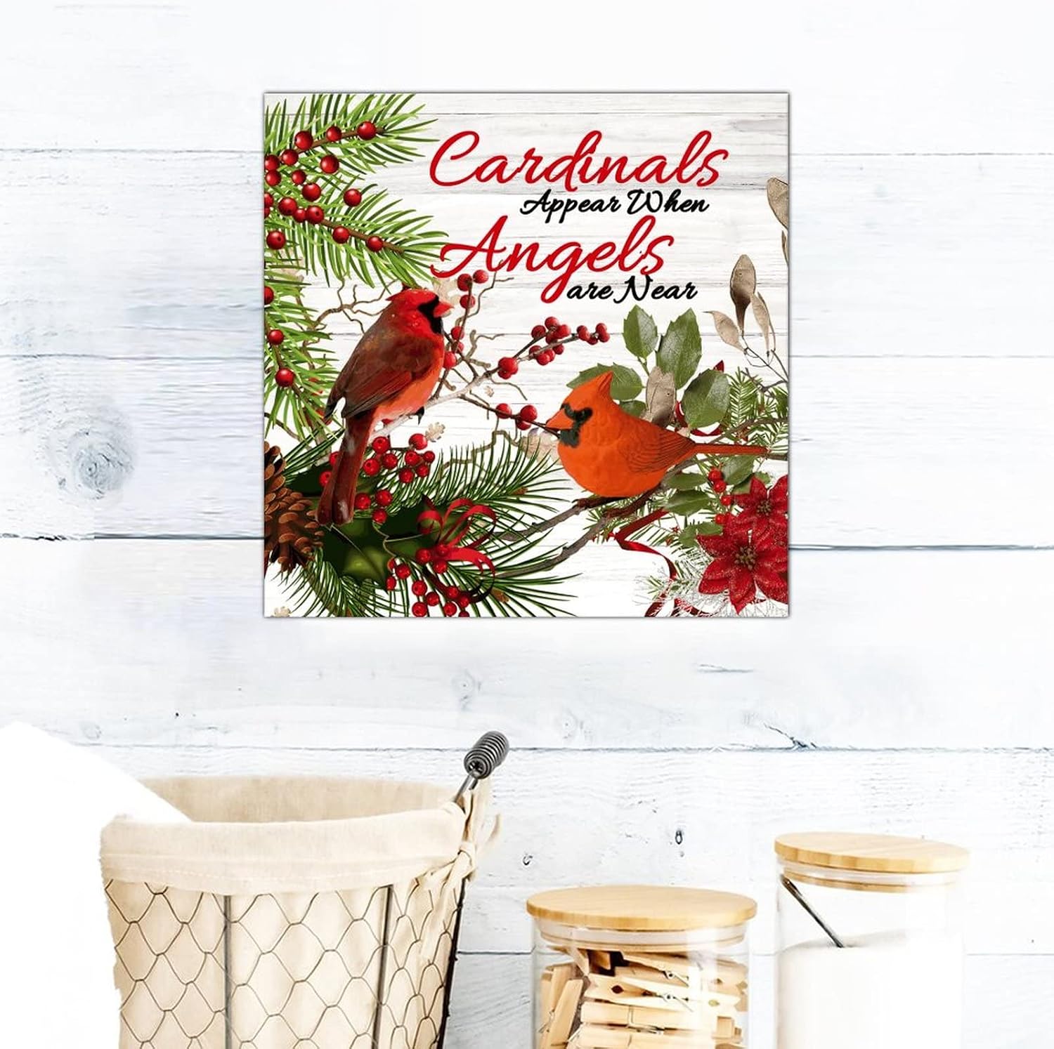 Red Bird Appear When Angels Are Near Wooden Sign Christmas Mistletoe Wreath Wooden Wall Hangings Classic Christmas Is Coming Hanging Wall Signs Decor For Home Bedroom Living Room Bathroom 16x16in