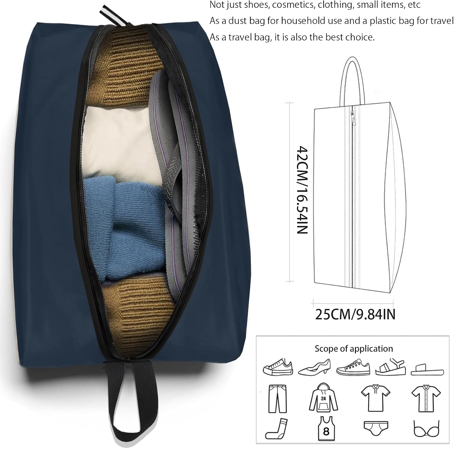 Shoe Bag for Travel, Waterproof Extra Large Shoe Storage Organizer with Handle, Multi-Functional Odor-Resistant Shoe Pouch for Gym, Soccer, Golf, Tennis Soccer Cleats Bag 16.5 x 9.8 Inches (Dark Blue)