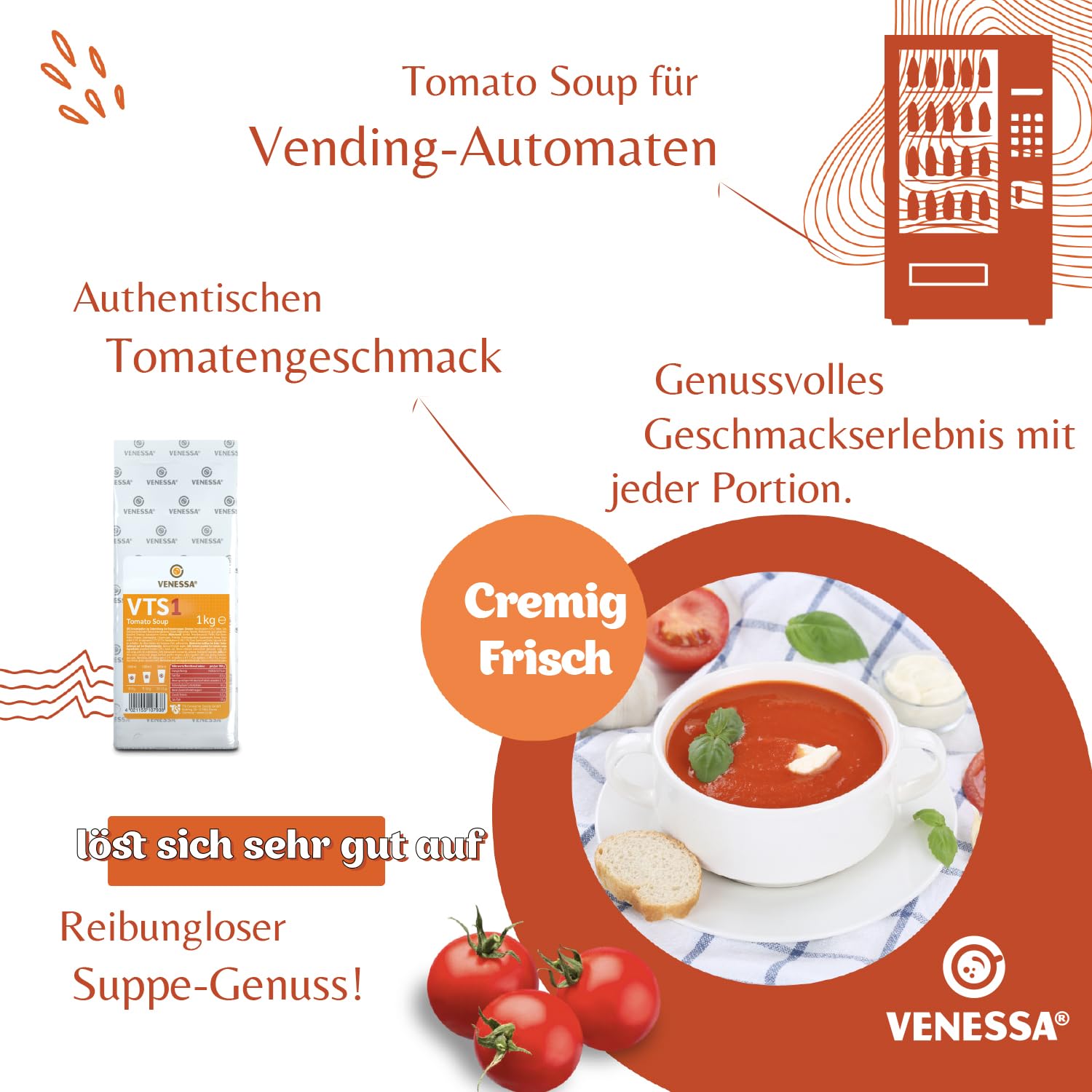 VENESSA VTS 1 zupa pomidorowa 20 x 1 kg – korzystne opakowanie – kremowa śródziemnomorska zupa pomidorowa, wyrafinowana, zaokrąglona z przyprawami do automatów automatycznych, do gastronomii