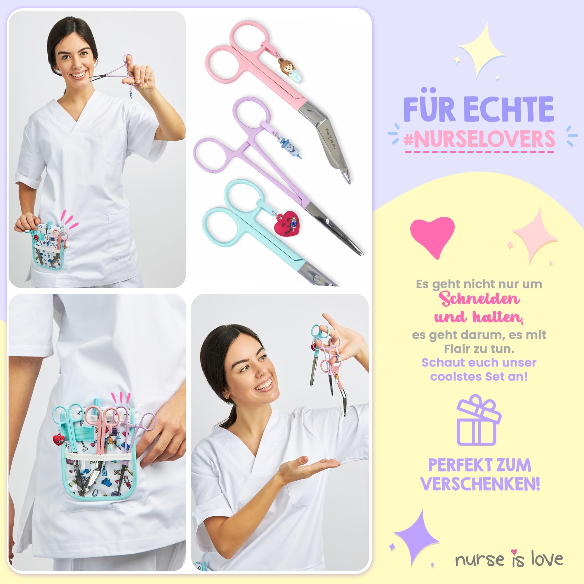 Nurse is Love Set 3 Stück Krankenschwester-Scheren Pico de Pato & Gerade Mayo + Halterungswerkzeug | Scheren mit Roma-Spitze, Zubehör für Krankenschwestern, Erste Hilfe