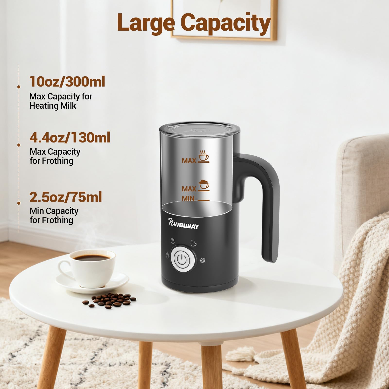 NWOUIIAY Montalatte Elettrico 4 in 1 Cappuccinatore Elettrico 300ML 600W Silenzioso con Manico per Caldo e Freddo Schiuma di Latte Rivestimento Antiaderente per Latte Cappuccino Macchiato