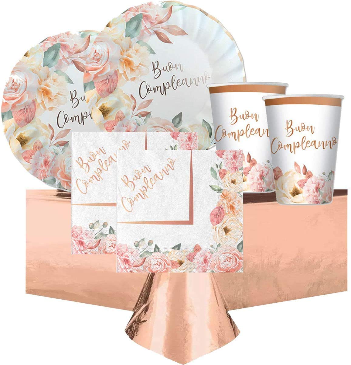 Kit n.10 Accessori Tavola in Carta Buon Compleanno Rose Gold con bellissime Decorazioni Floreali Rose boccioli di Rosa e Fiori Set Chic + Palloncino Foil
