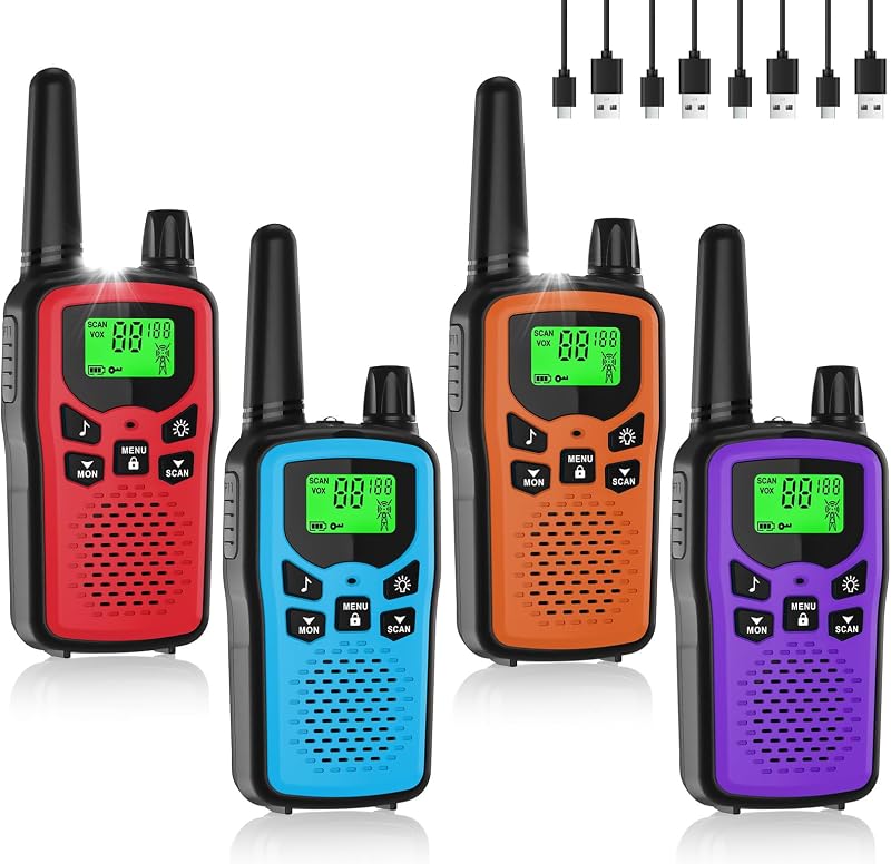 Walkie Talkies Recargables de Largo Alcance para Adultos, Walky Talky VOX con 22 Canales FRS, 99 Códigos de Privacidad Radio Bidireccional, Batería de Iones de Litio de 1200 mAh, para Acampar Senderismo Emergencia (Paquete de 4 Coloridos)