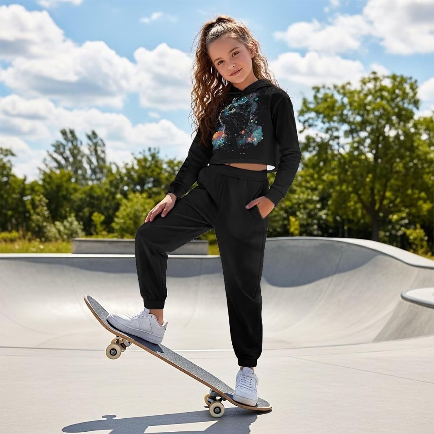 Xoenoiee Girls Sweatsuits 2 Piece Outfits Tracksuits Long Sleeve Sweatshirts and Jogger Pants Crop Top Hoodie Pant Set 4-13Y