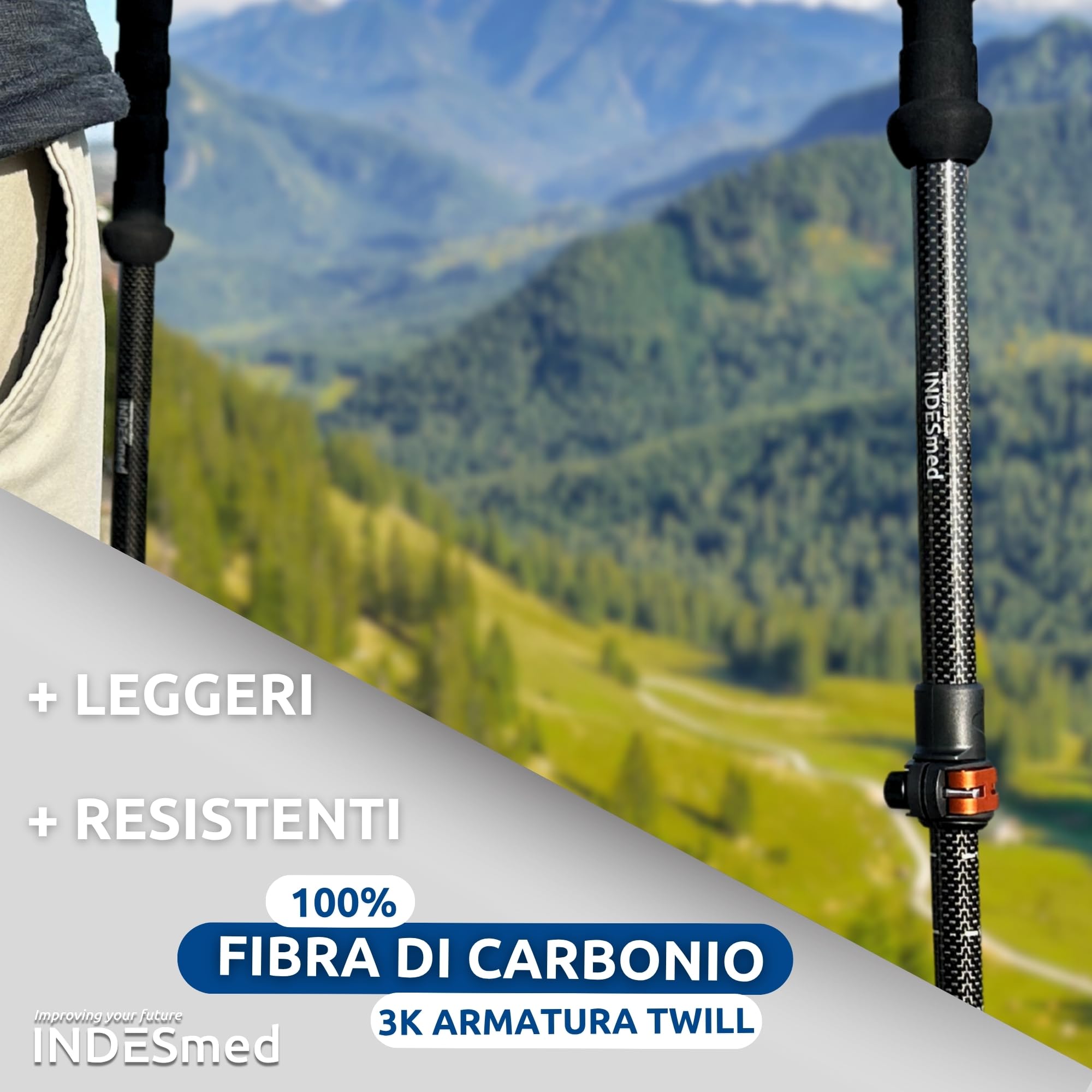 INDESmed | Bastoni da trekking in fibra di carbonio 100% - Bastoncini telescopico, leggerissimi e regolabili con chiusura metallica rapida - Bastoni Nordic Walking, Trail Running, Sci