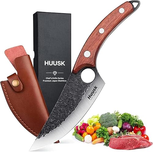 Vista 10 de Huusk - Cuchillos vikingos, cuchillo de carnicero forjado negro con vaina, filete japonés para carne, cuchillos de espiga completa para cocina