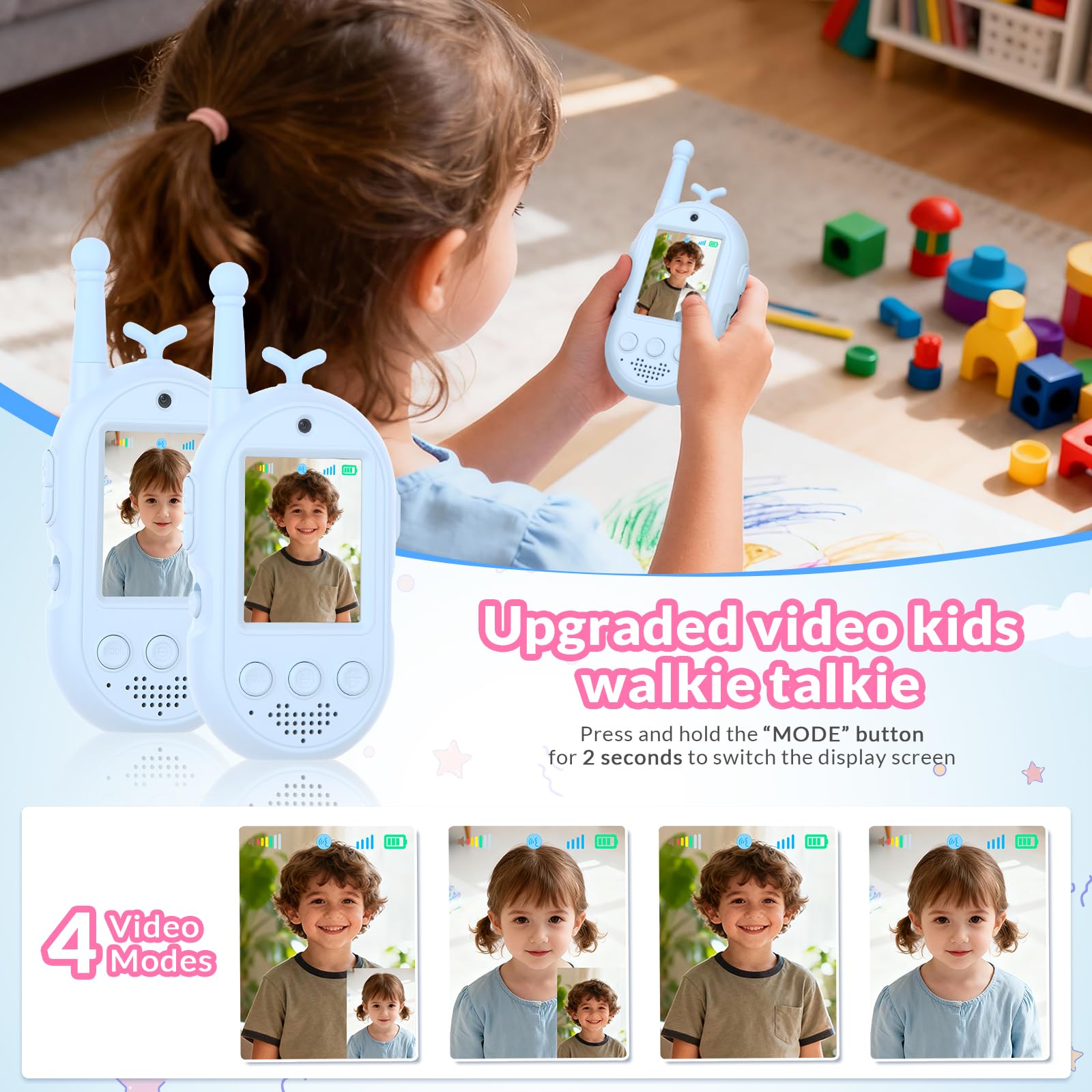 Kinder Walkie-Talkies stawia videofunctie, 2 stuks - Visuele walkie-talkies stawia 2 cale IPS-scherm, oplaadbare videowalkie-talkies voor kinderen van 3-12 jaar, geschikt voor binnen- en buitengebruik
